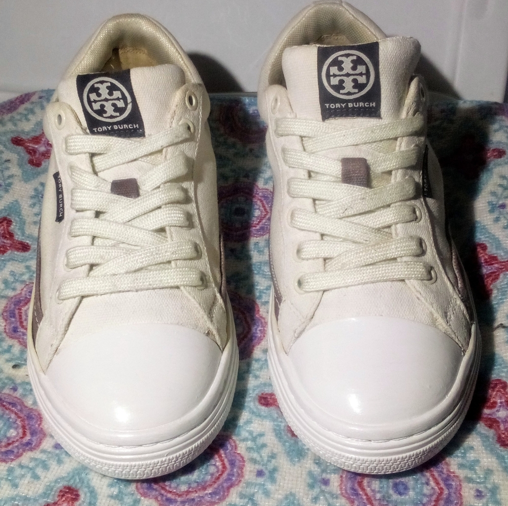Tory Burch Classic Court Sneakers Canvas Natural Suede Women's Size 6M